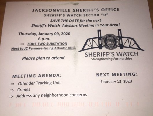 Don't be late! Run by the Zone 2 Delta residents in conjunction with JSO.