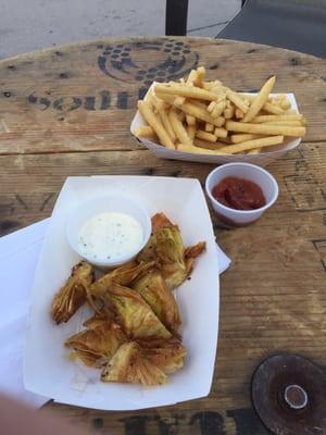 Artichoke Hearts and Garlic-Masa fries (corn/potato hybrid).