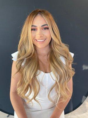 Golden blonde hair coloring and hair extensions by Ana Rivas