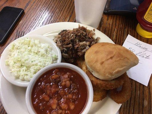 BBQ plate with slaw, rolls, BBQ beans and fresh roll