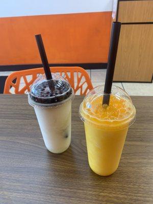 Lychee slushy with tapioca and mango slushy with peach poppings