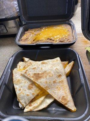 Cheese quesadilla and pint of pinto beans yum