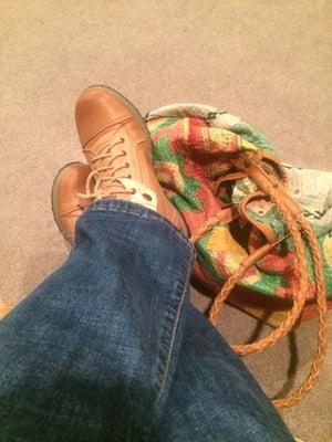 New kicks! Comfy shearling lined booties and reversible repurposed quilt tote to match