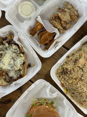 Philly Cheese Steak, Crispy Chicken Sandwich, fried rice, wings