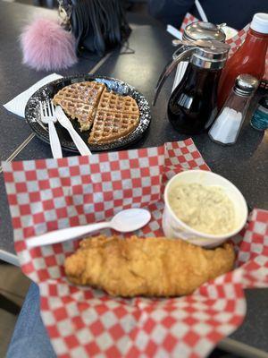 Whiting and Waffle with cheese Grits