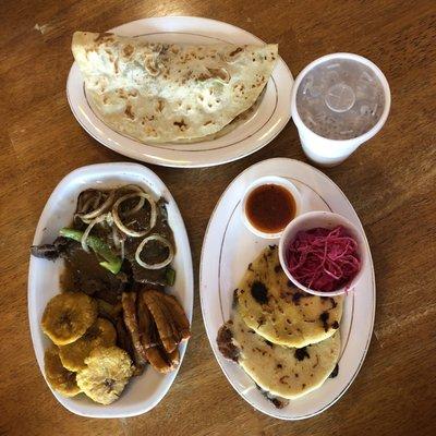 Peppered Steak with plantains (maduro) and tostones, Cheese Pupusa/Pork & Cheese Pupusa, Horchata, Baleada con todo