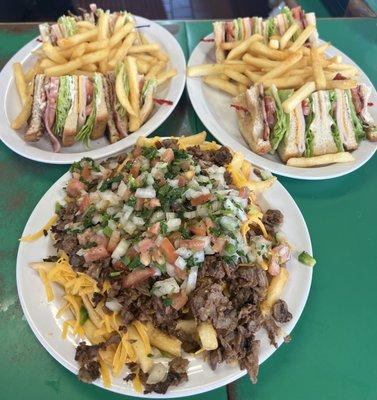 Asada Fries and Club Sandwiches