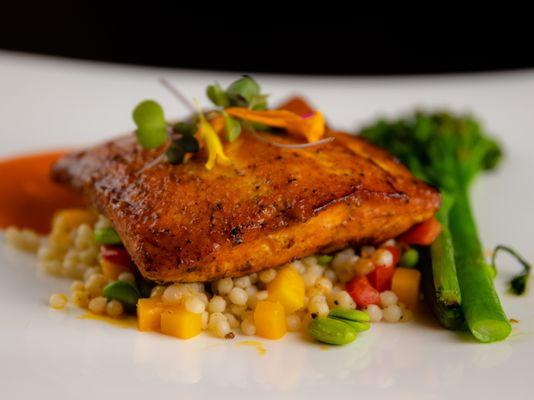 Seared King Salmon with couscous, brocollini