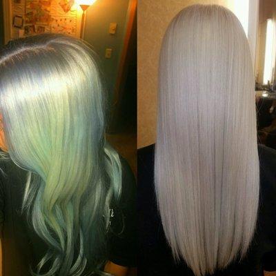 The hair that I came into the salon with on the left and the hair I left with on the right.   BEAUTIFUL