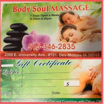 open soon 1-13-2020
 Body Soul Massage
 Call:515-346-2835
 2355 E University Ave #101 Des Moines IA 50317