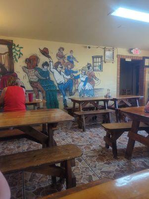 Indoor seating. Picnic tables.