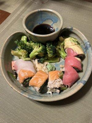 Rainbow Roll and Garlic Broccoli