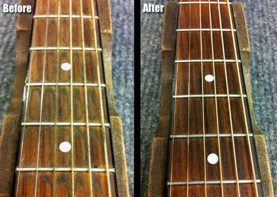 Before and after cleaning of a guitar neck as part of our setup