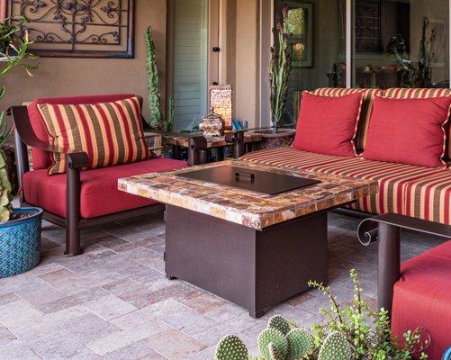 Grand Canyon Casual Seating set featuring Arizona Mined, Red Onyx tile on a chat height fire table.