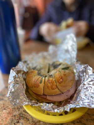 spinach asiago bagel with ham and egg...