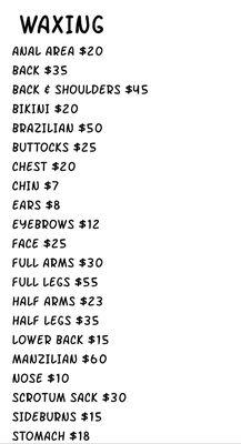 Skincare by alexis waxing price list