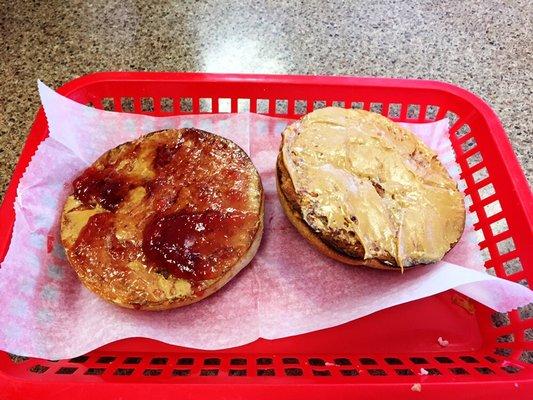 Peanut & Jelly on a wheat bagel...