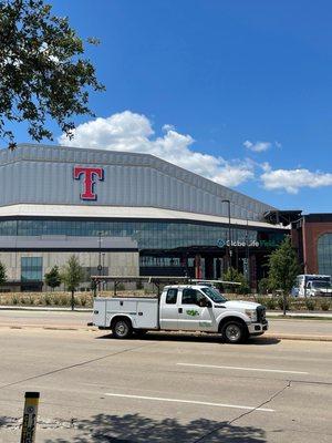 One of the Tioga Plumbing & Electric trucks at the Arlington Texas Globe Life field.