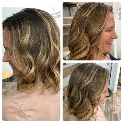 Soft blonde balayage nestled in to brunette