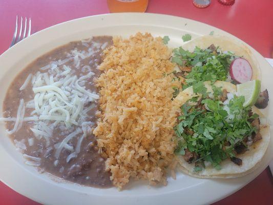 Plate #4- 2 tacos, rice and beans-$9.95