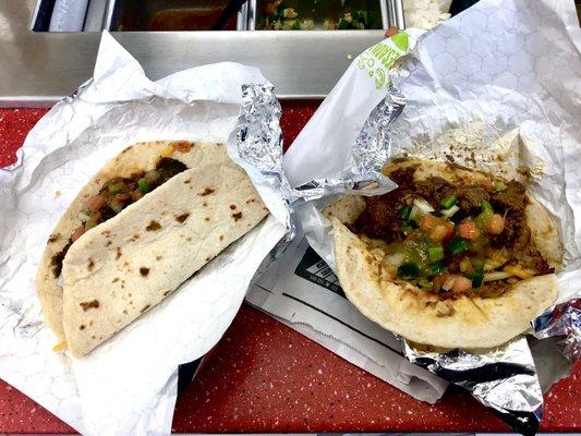 Carne Asada and Barbacoa Tacos. Cheese is extra btw.