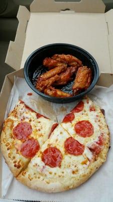 My lunch special pizza and honey bbq wings.