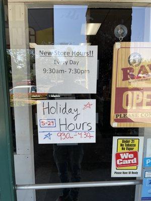 New store hours + Memorial Day hours for May 29th 2023