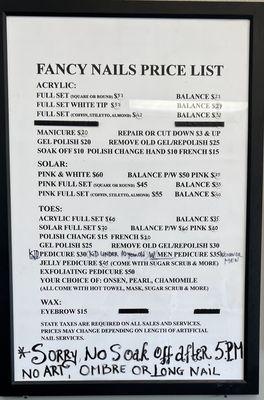 Price list. Eat hustling, I over hear that they put acrylic nails on toes but they don't soak them off.