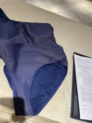 My navy blue swimsuit, now bleached out & ruined from a quick dip in Equinox's pool. Red bloodshot eyes not pictured.