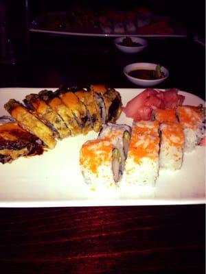 Aggie roll on the left. California roll on the right.