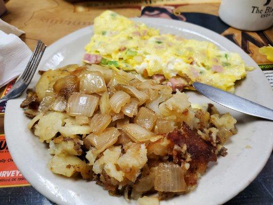 Western omelet and potatoes with onions