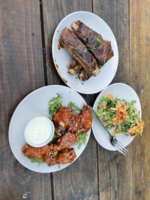 Ribs, crab cakes, island wings (clockwise from the top)