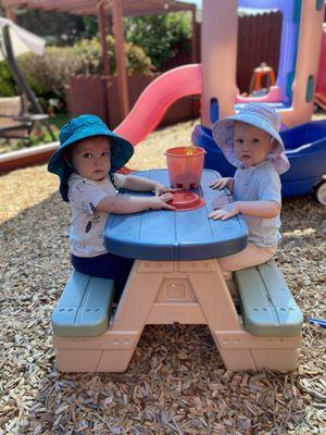 First time sitting on the bench together takes practice;)