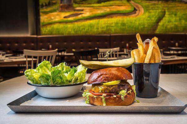 Our Farmer's Box with the All American Burger + Caesar salad