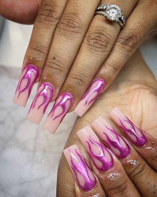 C curve chrome nails with flames