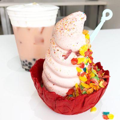 sakura rose bubble tea and soft serve ice cream