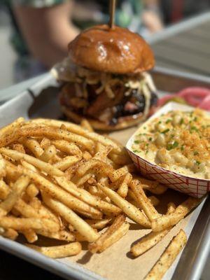 Brisket Sandwich with fries and Mac & Cheese