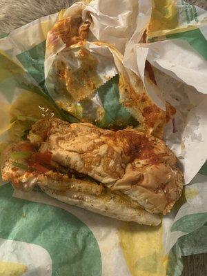 sloppiest subway sandwich i've ever had. i took these pictures immediately after unwrapping it.