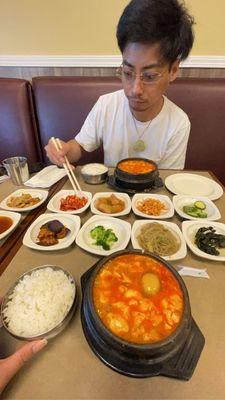 9 banchan spread + tofu soup