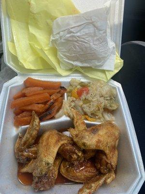 Tasty Sweet & Spicy Whole Wings w/ Candied Yams & Cabbage & cornbread