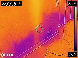 This is what water looks like with a thermographic camera. The water damage is evident crawling up the drywall.