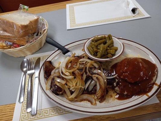 Liver and extra onions, mash taters, green beans, bread...