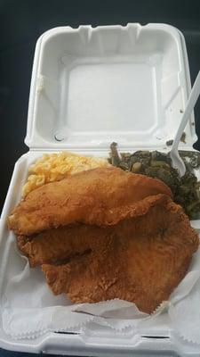 Catfish. Mac and cheese and collard green