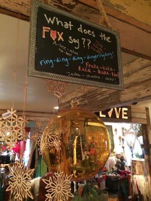 Funny sign for the adorable fox ornaments (not shown). Love the humor here.