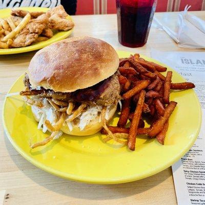 Pulled pork sandwich and sweet potato fries