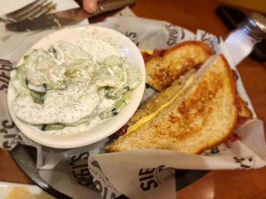 Dill Cucumber salad and Reuben with house made pastrami.