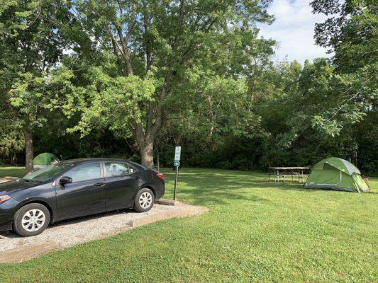 Here in the rear of the campground I parked my car and set up my tent right along the inviting grass.