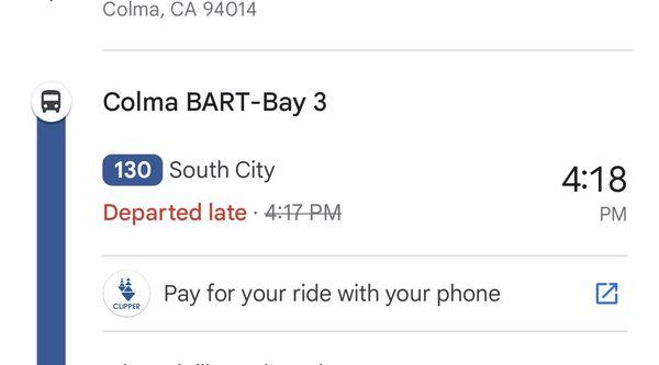 Driver of 130 South City did not stop to pick me up on Jan. 1, 2024 Colma Bart Bay 3 scheduled at 4:18pm