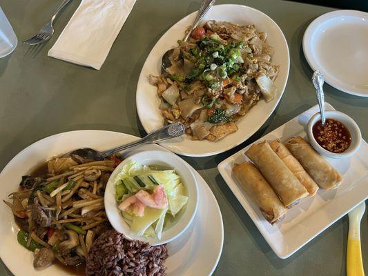 Spicy Beef Stirfry Lunch Special (front), Basil Noodle (back), Spring Rolls