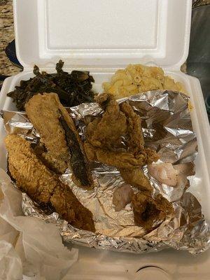 Whiting Fish Scraps, Collard Greens, and Mac & Cheese